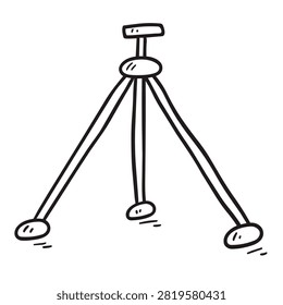 A black and white line art drawing of a three-legged tripod stand for cameras or equipment in a doodle style.
