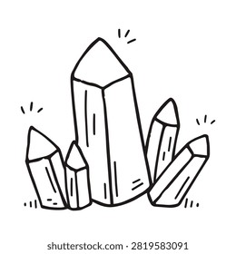 A black and white line art drawing of a cluster of sparkling quartz crystals