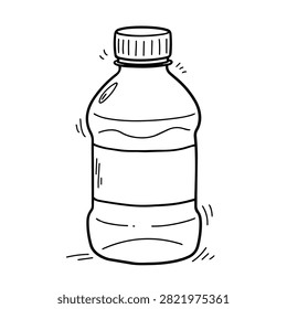 A black and white line art drawing of a small plastic bottle filled with liquid with a label area and a screw cap.