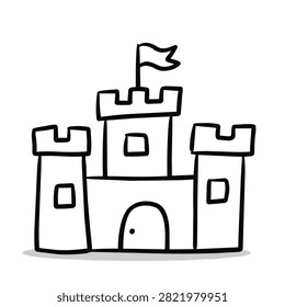 A black and white line art drawing of a fairy tale castle with towers, battlements, a door, windows, and a flag on top.