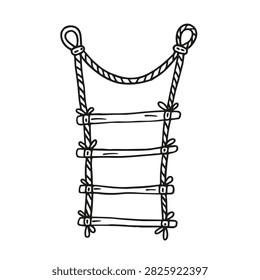 A black and white line art drawing of a simple rope ladder with wooden rungs isolated on a white background