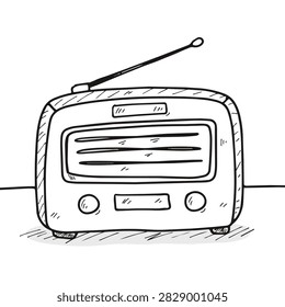 A black and white line art drawing of an old fashioned retro radio with an antenna and control knobs