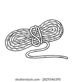 A black and white line art drawing of a tightly coiled climbing rope with a simple knot in the center on a white background