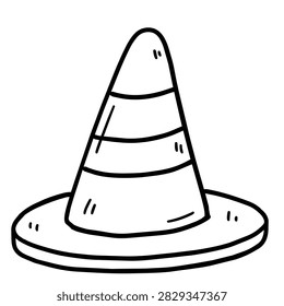 A black and white line art drawing of a classic construction traffic cone on a white background