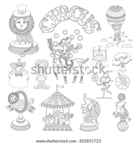 black and white line art drawings collection of circus theme, you can use like coloring book for adults, vector illustration