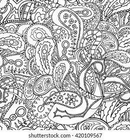 Black and white line art ethnic flowers design. Adult coloring book page. 