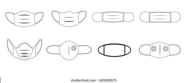 Black And White Line Art Face Pollution Mask Set Vector Minimal
