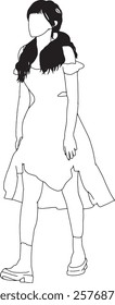 Black and white line art of a faceless woman wearing a flowing dress and elegant shoes, presenting a simplistic and artistic style ideal for design,fashion, and creative projects.