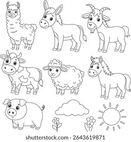 Black and white line art of farm animals such as alpaca, cow, pig, sheep, goat, horse, and donkey.