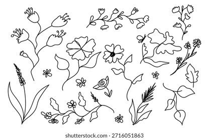 El arte lineal en blanco y negro presenta varias flores y plantas que crean un diseño botánico elegante y simple adecuado para fondos, invitaciones y estampados decorativos que ofrecen una estética minimalista.