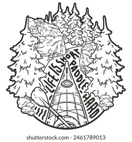Black and white line art featuring kayaking theme with text born to paddle, full stream ahead, and kayaking time surrounded by nature and mountain outlines.