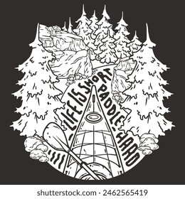 Black and white line art featuring kayaking theme with text born to paddle, full stream ahead, and kayaking time surrounded by nature and mountain outlines.