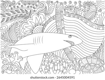 Black and white line art featuring a shark surrounded by intricate abstract patterns, ideal for coloring pages and illustration.