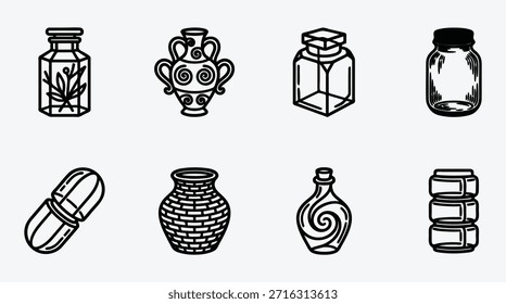 Arte de línea en blanco y negro con una colección de contenedores