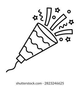 Black and white line art of a festive party popper bursting with confetti and stars. Ideal for birthday cards, celebratory events, holidays and party designs.