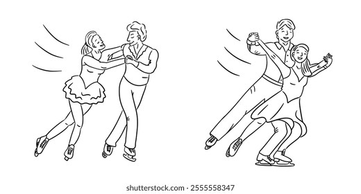 Black and white line art of figure skating couples performing graceful moves, highlighting balance, elegance, and teamwork in dynamic and artistic style. Vector winter sport illustration