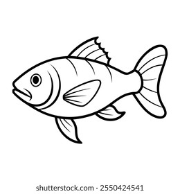 Black and white line art of a fish with bold outlines, showcasing a simple design.