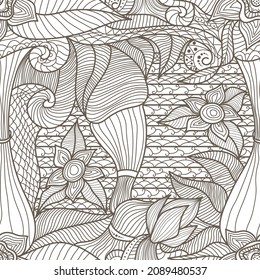 black white line art flower abstract seamless pattern