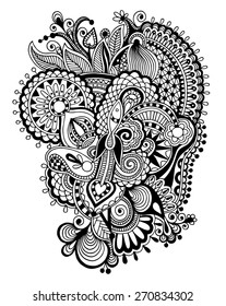 black and white line art flower drawing, graphic print for your design, vector illustration 