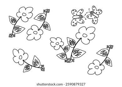 Black and white line art of flowers, leaves, and butterflies, perfect for kids coloring activities and printable fun.