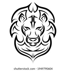 Arte de línea blanca y negra en la parte delantera de la cabeza del león.  Es un signo de leo zodiac. Buen uso para símbolo, mascota, icono, avatar, tatuaje, diseño de camiseta, logotipo o cualquier diseño que desee.