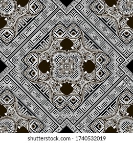 Black and white line art geometric vector seamless pattern. Abstract floral background. Greek repeat backdrop. Greek key meanders ornament with paisley flowers, leaves, shapes. Symmetrical design.