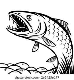Black and white line art of a giant snakehead fish with detailed fins and spotted body. Ideal for coloring pages, seafood themes, and marine education.