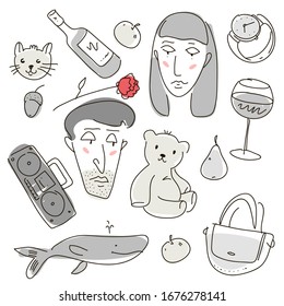 black and white line art girl and boy with cat rose toy bear apple pear and wine rose