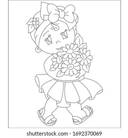 black and white line art girl princes with flowers