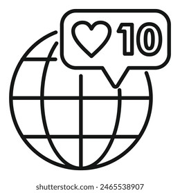 Black and white line art of a globe with a heart notification, symbolizing international social media reach