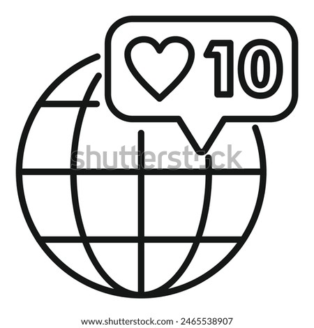 Black and white line art of a globe with a heart notification, symbolizing international social media reach