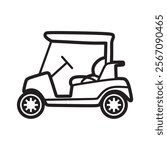 black and white line art, golf cart side view