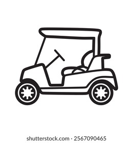 black and white line art, golf cart side view
