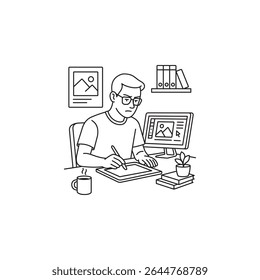 Black and white line art of a graphic designer working at a desk with a pen tablet and monitor, surrounded by creative tools and digital art elements.