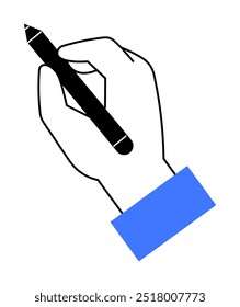 A black and white line art hand holding a black pen, with a blue sleeve extension. Ideal for writing, drawing, note-taking, design, education. The simplicity and contrast make it striking and clear.