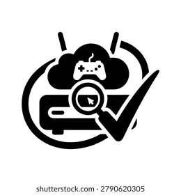 Black and white line art of a hand using a magnifying glass to inspect a simple cat face icon in vector style.