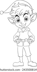 Black and white line art of a happy elf.