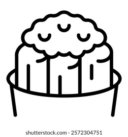 Black and white line art of a happy cartoon cake in a simple, joyful style