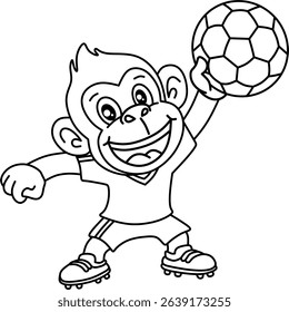 Black and white line art of a happy cartoon monkey giving a thumbs up and holding a soccer ball. Simple design perfect for coloring or basic illustrations