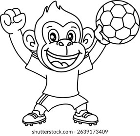 Black and white line art of a happy cartoon monkey giving a thumbs up and holding a soccer ball. Simple design perfect for coloring or basic illustrations
