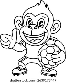 Black and white line art of a happy cartoon monkey giving a thumbs up and holding a soccer ball. Simple design perfect for coloring or basic illustrations