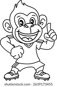 Black and white line art of a happy cartoon monkey giving a thumbs up and holding a soccer ball. Simple design perfect for coloring or basic illustrations