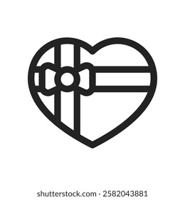 Black and White Line Art of a Heart-Shaped Box with Ribbon Decoration