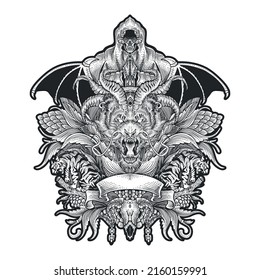 black and white line art hell concept illustartion Guardian of the hell 