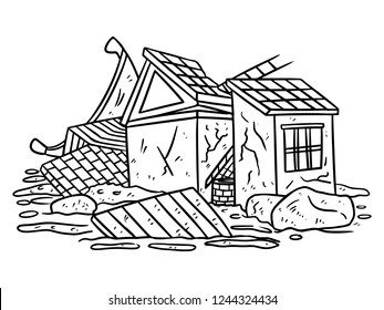 Black White Line Art House Collapsed Stock Vector (Royalty Free ...