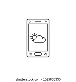 black and white line art icon of mobile phone with weather sign