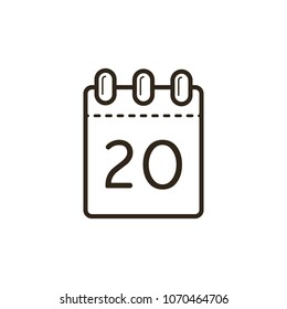 black and white line art icon of the tear-off calendar with number twenty on sheet