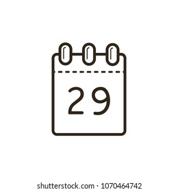 black and white line art icon of the tear-off calendar with number twenty-nine on sheet