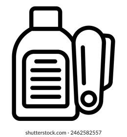 Black and white line art icon featuring a cleaning product bottle and a scrub brush