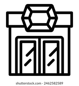 Black and white line art icon representing a jewelry store with a diamond symbol above the entrance